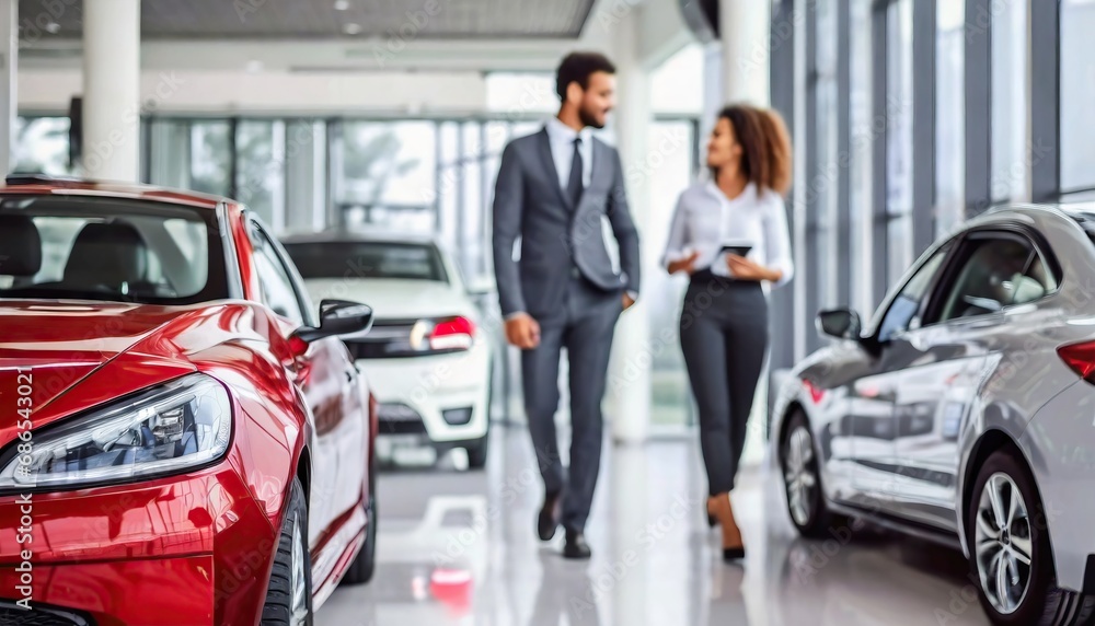 Car seller in suit walking around car salon with customer who wants to buy a car and talking about specifications of cars Car seller in suit walking around car salon with customer who wants to buy a car and talking about specifications of cars