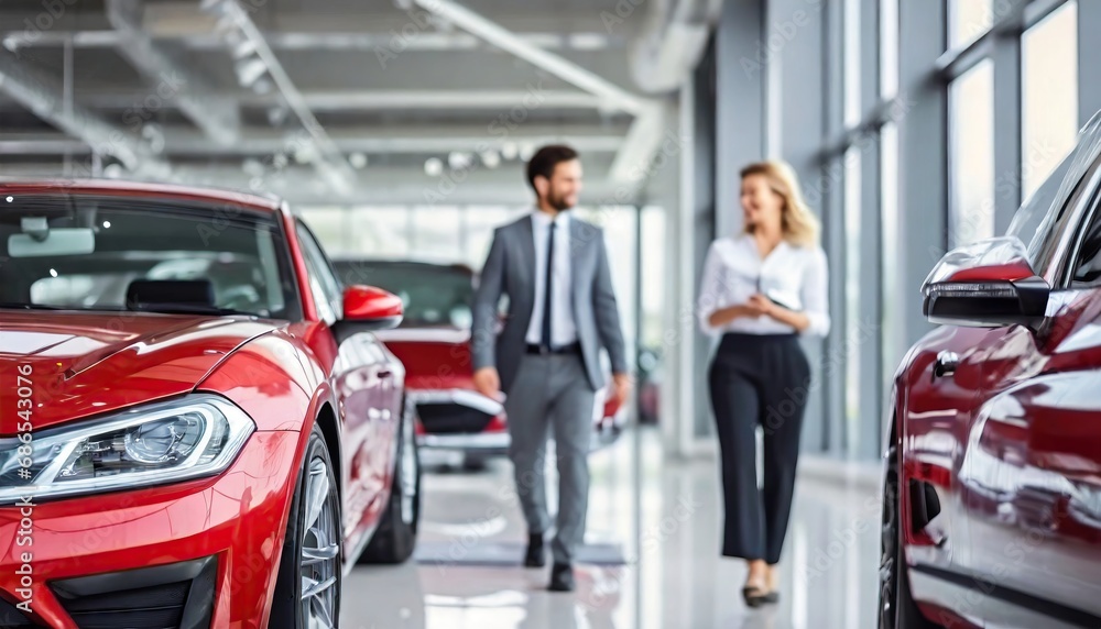 Car seller in suit walking around car salon with customer who wants to buy a car and talking about specifications of cars Car seller in suit walking around car salon with customer who wants to buy a car and talking about specifications of cars