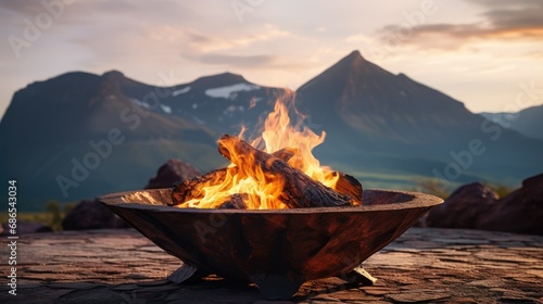 A fire pit with a mountain in the background