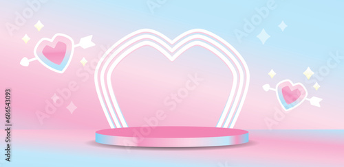 cute trendy modern style heart shape arch display stage with lovely heart and arrow graphic element on sweet pastel gradient background 3d illustration vector for putting product or object