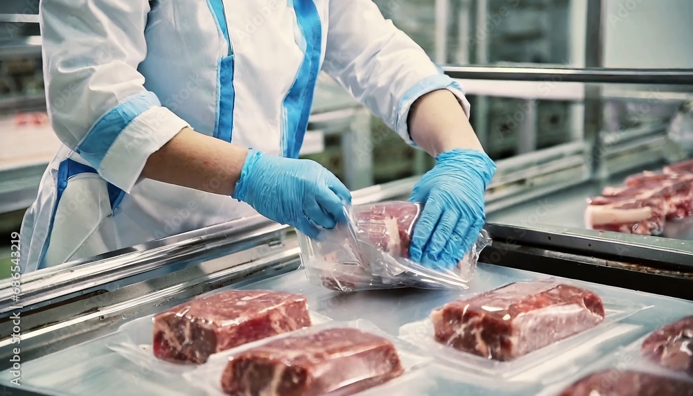 The hands of a meat factory worker pack the meat into the plastic foil on the machine