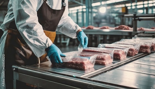 The hands of a meat factory worker pack the meat into the plastic foil on the machine photo