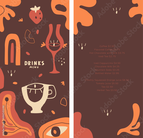 Design menu in the style of the 70s and 60s. Groovy style. Abstract shape, coffee, strawberries, wine, alcoholic drinks, cocktail, hot chocolate. Holiday. Vector illustration.	
