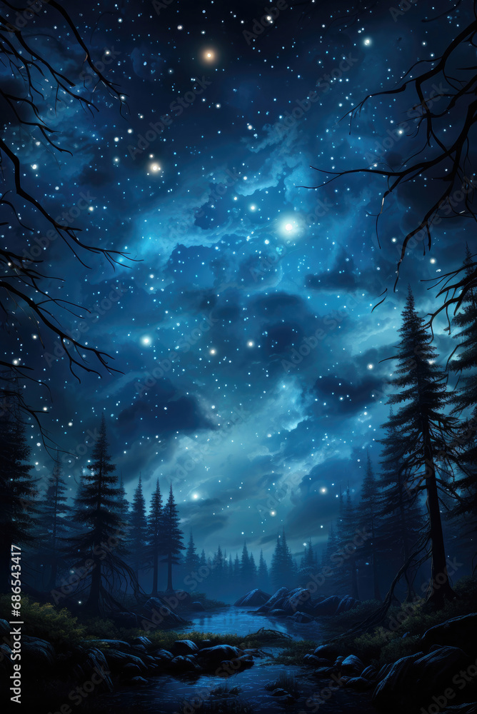 Beautiful night landscape of forest, river and starry sky