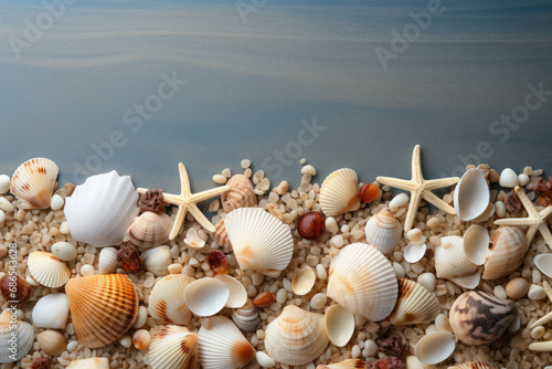 Sea sand with starfish and seashells with copy space