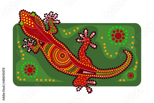 Lizard in australian aboriginal style.Australia indigenous Aboriginal lizard or salamander dots painting art style.Decorative ethnic gecko lizard. Aboriginal tribal art craft.Stock vector illustration