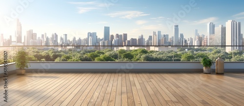 Balcony with city view daylight wooden flooring and blank wall photo