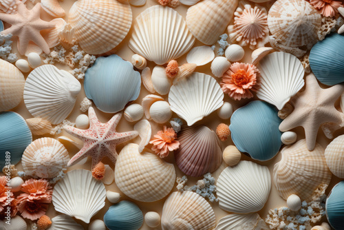 Pattern of sea shells on sand background. Summer vacation concept