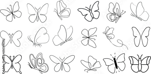 Ensemble d'illustrations vectorielles papillon, style dessin au trait, papillons dans diverses poses. Parfait pour les créations printanières et estivales, les invitations. Papillon esquisse des photo