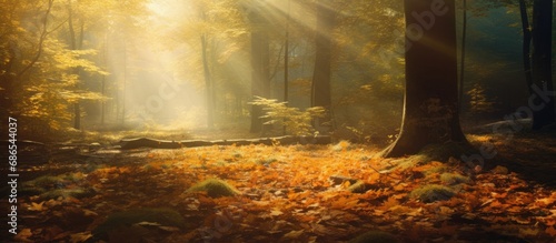 Autumn s sunny forest with fallen leaves.