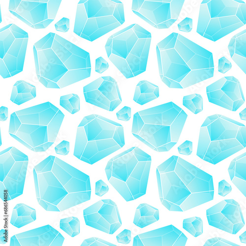 Crystal seamless pattern. Bright blue gradient transparent gems and crystals on a white background. Vector illustration. Packaging for a gift. A bright repeating gemstone. Chaotic ornament