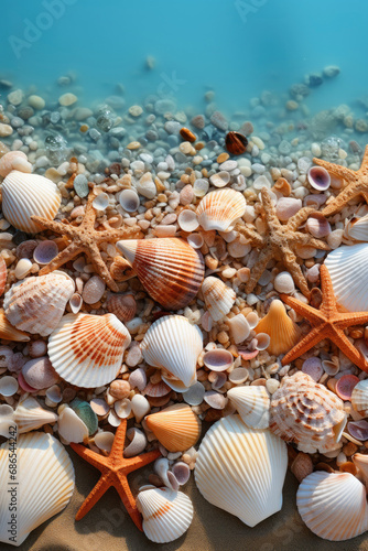 Sea shells on sand background. Summer vacation concept