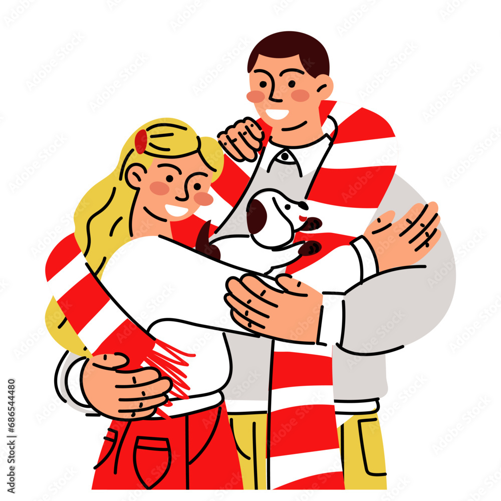 A bright couple hugs after giving gifts, in isolation large. Cute guy and girl, vector flat illustration of opening gifts, emotions. Receiving gifts. A surprise gift box. Christmas, New Year A bright couple hugs after giving gifts, in isolation large. Cute guy and girl, vector flat illustration of opening gifts, emotions. Receiving gifts. A surprise gift box. Christmas, New Year