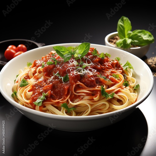 a bowl of pasta with sauce and basil
