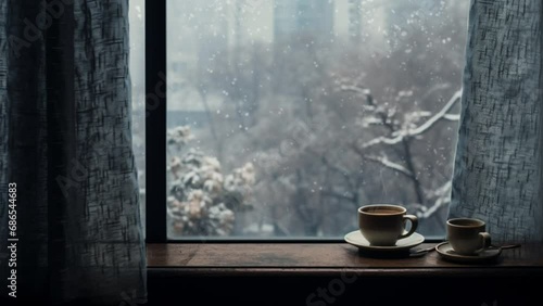 A warm cup of coffee by the window with cozy winter vibes. Seamless Looping Time-Lapse Virtual Video Animation Background. Generated with AI photo