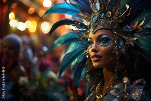 Lively Mardi Gras parade scene, colorful costumes and masks, dancers performing against backdrop of vibrant decorations.