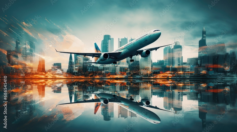 Double exposure image of airplane and modern cityscape