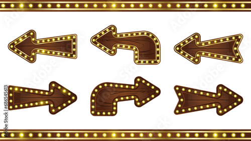 Wooden circus sign with bulb light. Marquee casino border frame with neon lamp, Isolated Vegas lights for ui game illustration. Wood and gold illuminated night club direction led element set