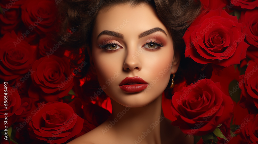 Beautiful young woman with red lips with a hot expression On the background of red roses Beautiful young woman with red lips with a hot expression On the background of red roses