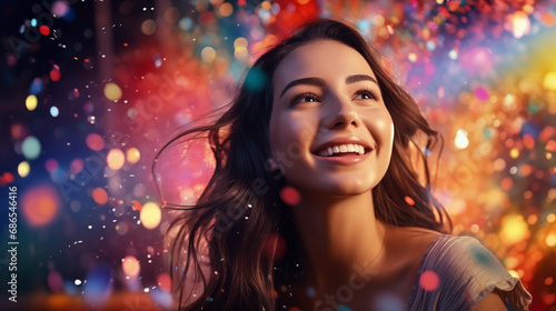 Beautiful young woman smiles happily Multi-colored explosion color background