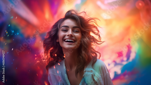 Beautiful young woman smiles happily Multi-colored explosion color background