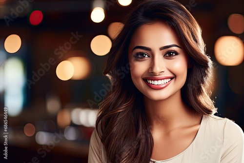 Happy and attractive young Indian woman in portrait studio.