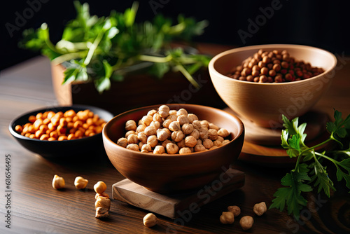 A bowl of a variety of raw legumes, including chickpeas and beans.