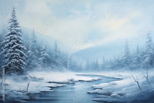 A monochromatic blue painting of a winter landscape with generative ai © ImronDesign