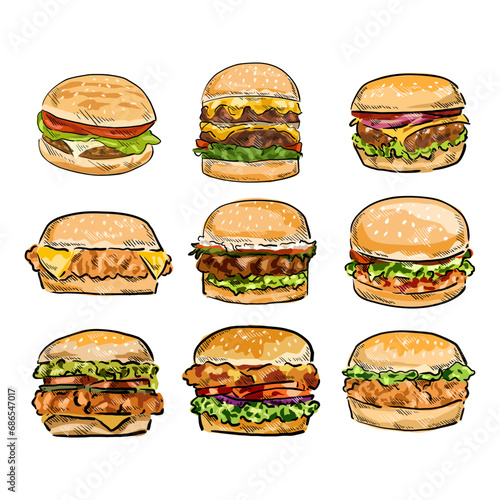 Set of Burger hamburger cartoon vector drawing comic art