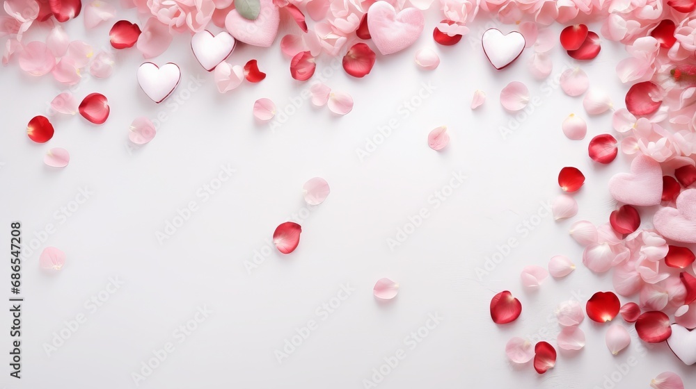 a top view flat lay valentine's background border with copy space in the middle: white background with red and pink hearts and flowers and candy
