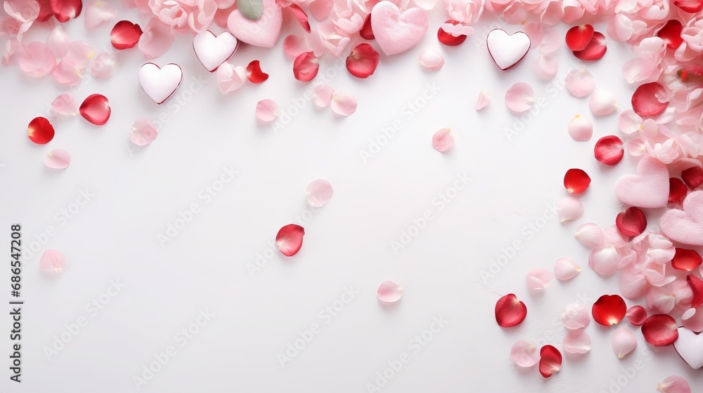 a top view flat lay valentine's background border with copy space in the middle: white background with red and pink hearts and flowers and candy a top view flat lay valentine's background border with copy space in the middle: white background with red and pink hearts and flowers and candy