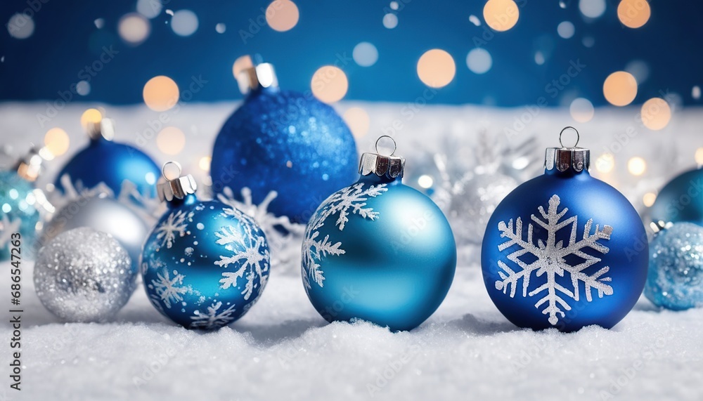 Blue christmas balls with snowflakes on bokeh background Blue christmas balls with snowflakes on bokeh background