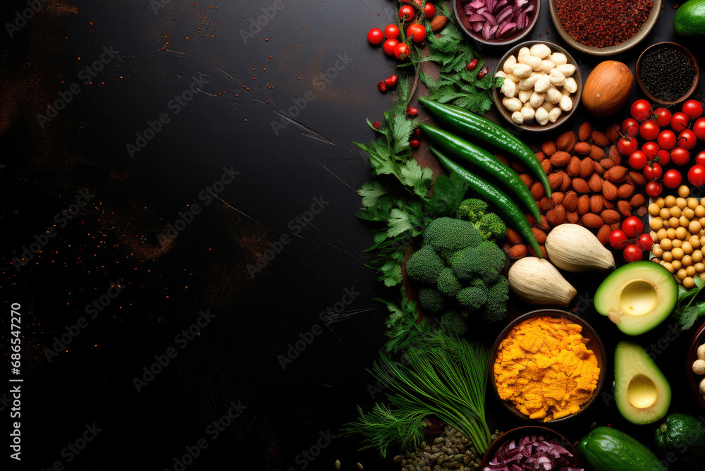 Different vegetables, seeds and fruits on black table, flat lay with copy space. Healthy die