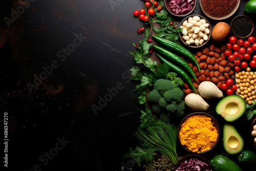 Different vegetables, seeds and fruits on black table, flat lay with copy space. Healthy die