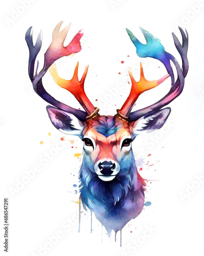 Watercolor portrait of a wild deer with antlers on a white background. Created using generative AI tools
