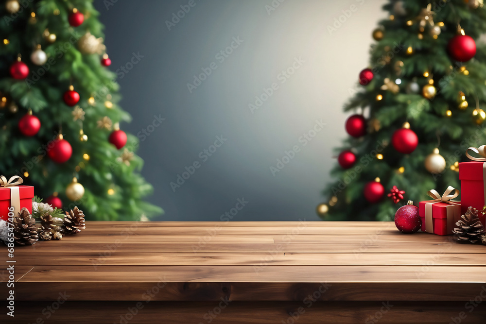 Product display mockup featuring a wooden table top with a festive Christmas tree background. Product display mockup featuring a wooden table top with a festive Christmas tree background.