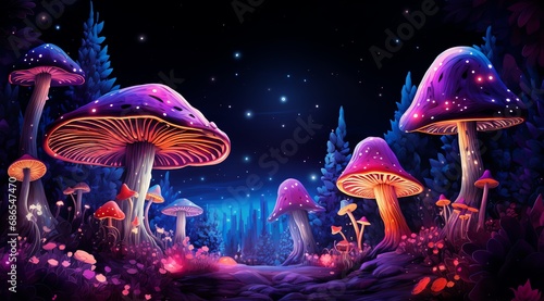 a group of mushrooms with lights on them