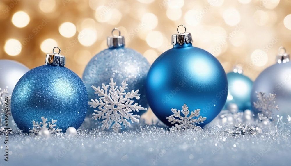 Blue christmas balls with snowflakes on bokeh background Blue christmas balls with snowflakes on bokeh background