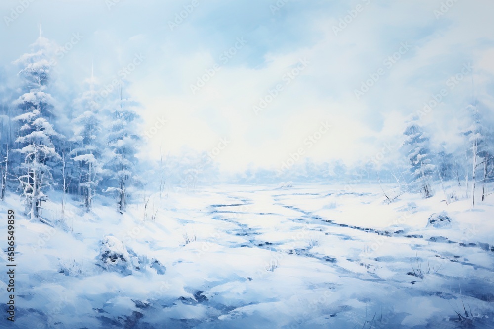 A monochromatic blue painting of a winter landscape with generative ai A monochromatic blue painting of a winter landscape with generative ai