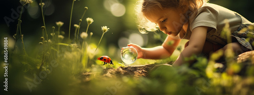 Children look at the ladybug like an explorer with a magnifying glass.