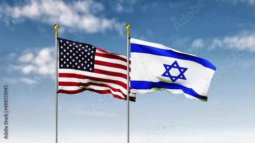 USA or america and israel flag waving on sky background. 4K Highly Detail 3D Rendered video footage for national or government activity, patriotism and  social media content.