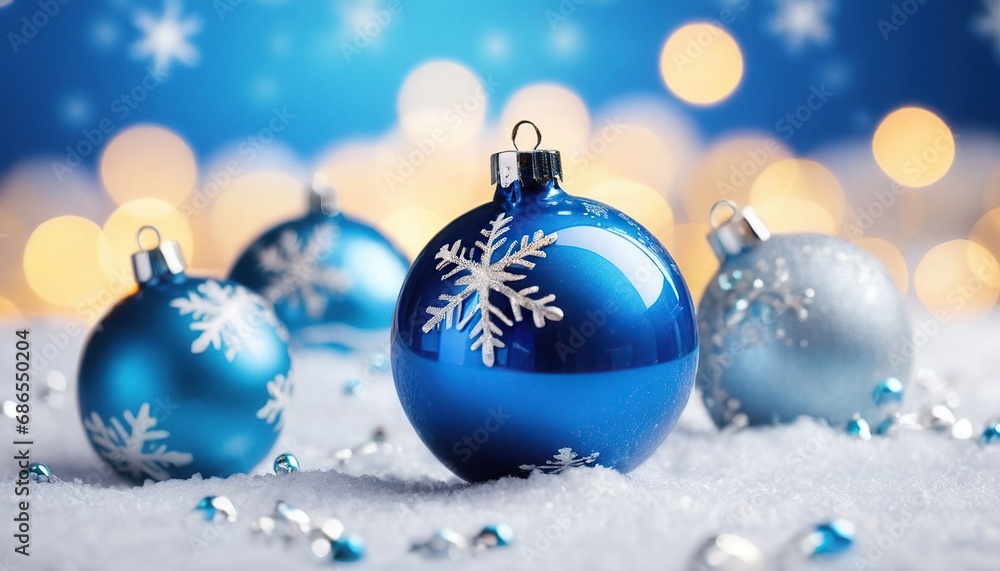 Blue christmas balls with snowflakes on bokeh background Blue christmas balls with snowflakes on bokeh background