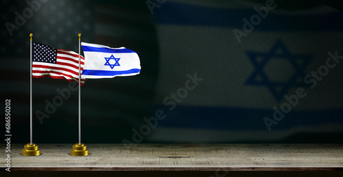 israel and USA or america flag wave on dark background. digital illustration for national activity or social media content.