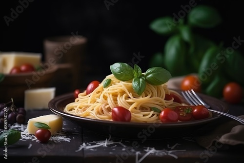 An Italian cuisine composition featuring spaghetti pasta with grated Parmesan cheese, cherry tomatoes, fresh green basil leaves, and olives, creating a vibrant and delicious representation of taste.