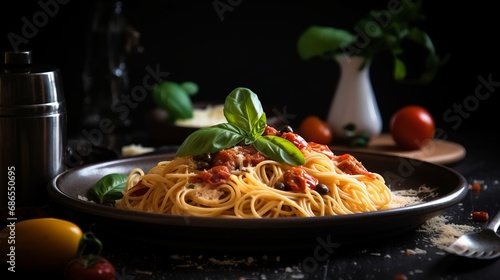An Italian cuisine composition featuring spaghetti pasta with grated Parmesan cheese, cherry tomatoes, fresh green basil leaves, and olives, creating a vibrant and delicious representation of taste.