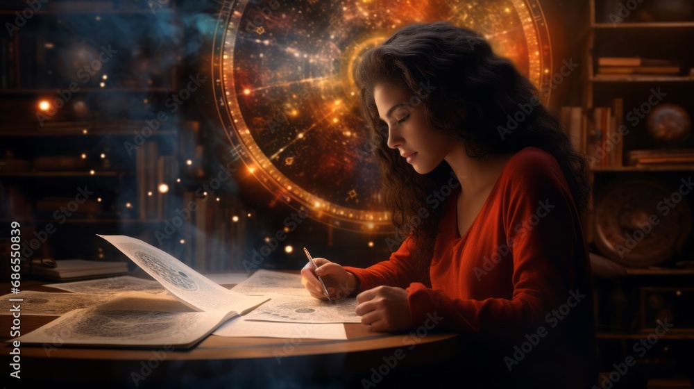 woman draws a natal chart, astrology woman draws a natal chart, astrology
