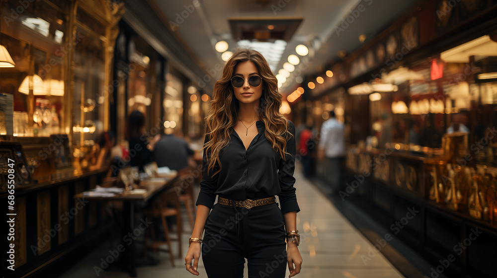 A beautiful young and ultra-fashionable girl, dressed in black clothing, stands in the interior of a shopping mall. A beautiful young and ultra-fashionable girl, dressed in black clothing, stands in the interior of a shopping mall.
