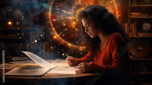 woman draws a natal chart, astrology