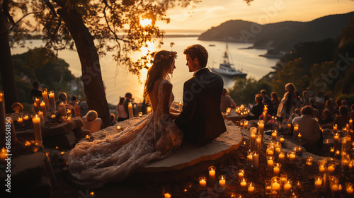 The groom and bride stand on a cliff at sunset by the sea. Wedding.