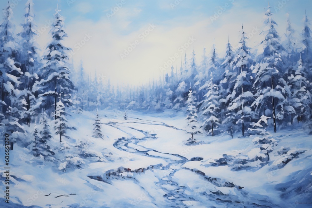 Naklejka premium A monochromatic blue painting of a winter landscape with generative ai
